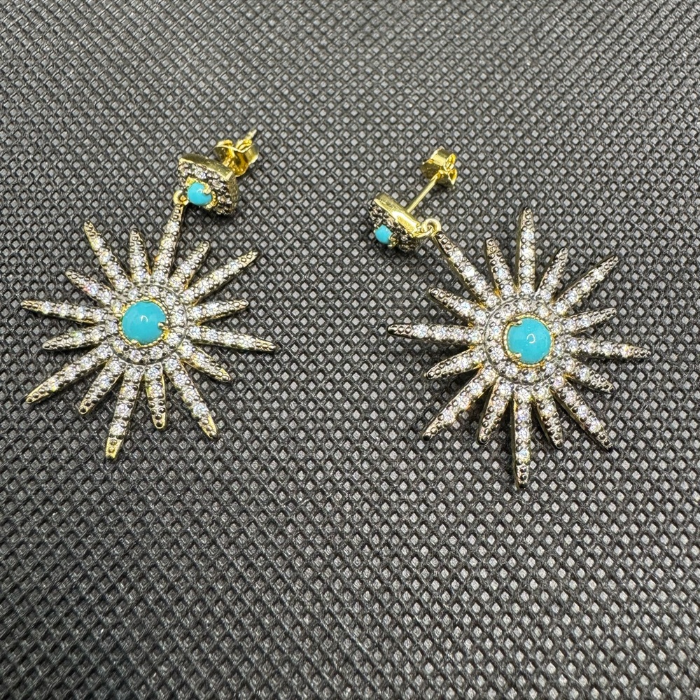 14K Yellow Gold Plated Turquoise & Swarovski Crystal Accented Starburst Earrings - Picture 3 of 5